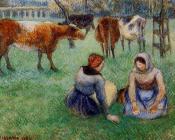 卡米耶毕沙罗 - Seated Peasants Watching Cows